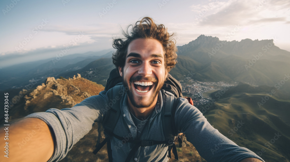 a hiker takes a selfie successfully climbing the mountain, National Hiking Day, a person smiling at the camera on the top of the mountain, hiking mountains, happy hiker portrait, traveler