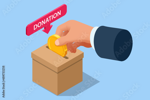 Isometric people characters donate money for charity online. Sponsoring a fund contributes to the economic empowerment of the poor. Donation box.