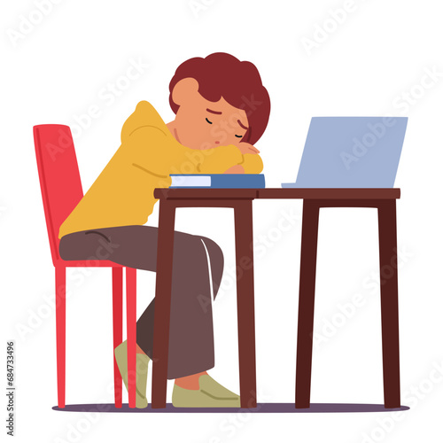 Exhausted Student Boy Slumbers On Desk With Book And Laptop, With Heavy Eyelids And A Disheveled Appearance