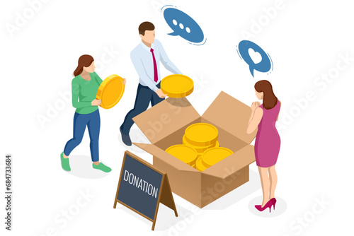 Isometric people characters donate money for charity online. Donation box. Help those in need by making a charitable payment. Sponsoring a cause is crucial for community assistance.