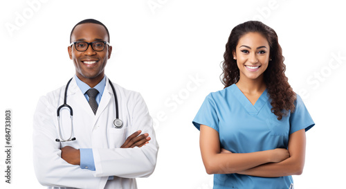 doctor and nurse showing pride in his profession or job, arms crossed, isolated on a transparent background, a professional African American doctor with a Stethoscope and Midwife uniform image PNG