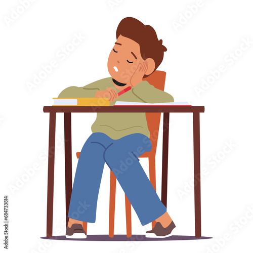 Exhausted Student Boy Slumbers On The Desk with Open Textbooks, A Pencil Clutched In Hand. Fatigue Pupil in Classroom