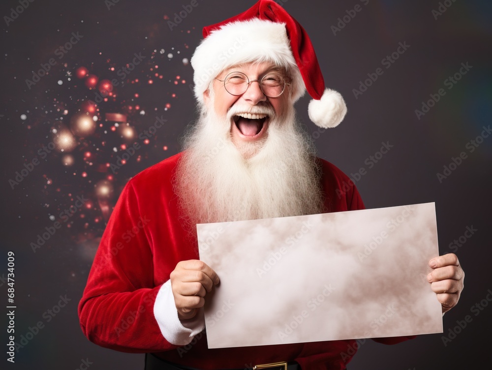 Naklejka premium Cheerful Santa Claus captured in a moment of laughter, holding a blank paper