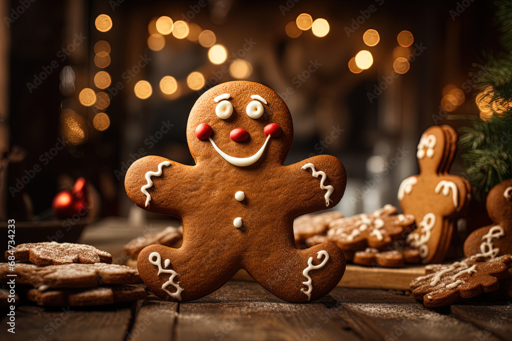 Lachender Lebkuchenmann auf einem Holztisch hausgemacht mit Bokeh Hintergrund im weihnachtlichen Ambiente