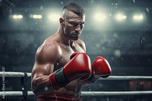 Portrait of a strong muscular boxer wearing gloves in the ring before a fight © Александр Довянский