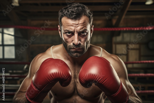 Portrait of a strong muscular boxer in boxing gloves in the ring before a fight