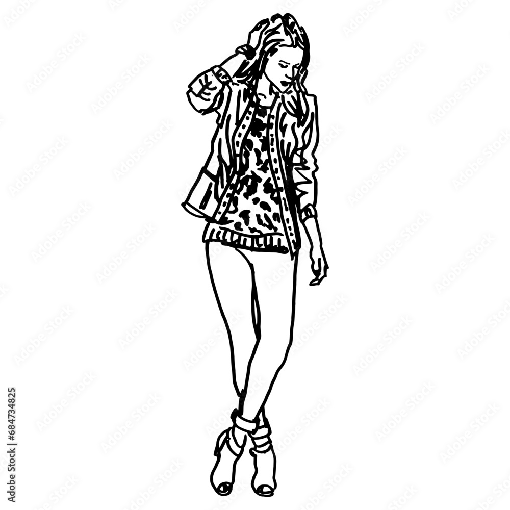 Standing pretty young woman with crossed legs touching her head. Fancy modern girl wearing leggings. Hand drawn linear doodle rough sketch. Black and white silhouette. Standing pretty young woman with crossed legs touching her head. Fancy modern girl wearing leggings. Hand drawn linear doodle rough sketch. Black and white silhouette.