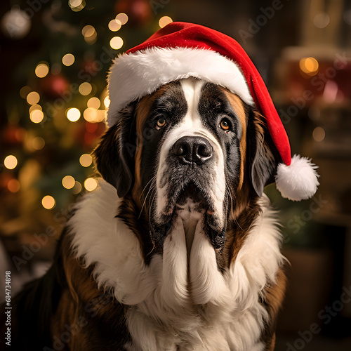 Saint Bernard dog wearing a Santa hat photo