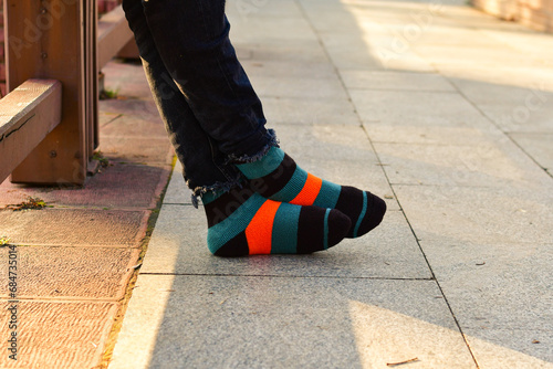 Men's feet in winter warm socks outdoor