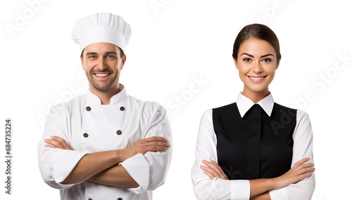 arms crossed chef and waitress showing pride in his profession or job portrait PNG, a professional chef with a uniform photo or image isolated on a transparent background photo