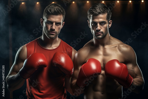 Two professional muscular boxers in boxing gloves on a dark background