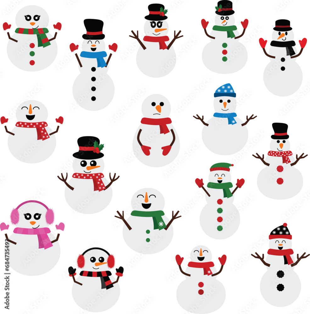 Snowmans collection in flat style. Vector illustration.