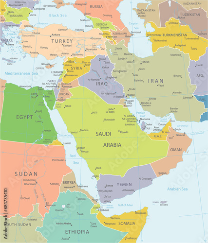 Middle East and Asia map - highly detailed vector illustration photo