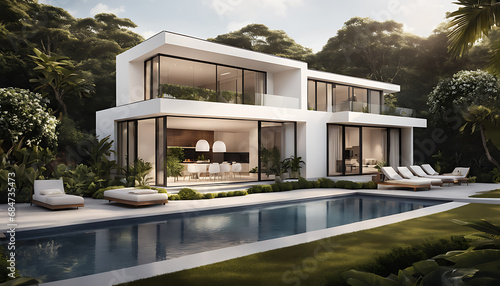 A spacious modern white home features large windows connecting an open indoor-outdoor floorplan surrounding a pool amid lush landscaping © thisisforyou