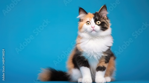 Fluffy kitty looking at camera on blue background, front view. Cute young long hair calico or torbie cat sitting in front of colored background with copy space generative ai photo