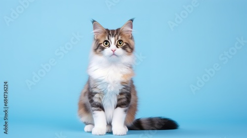Fluffy kitty looking at camera on blue background, front view. Cute young long hair calico or torbie cat sitting in front of colored background with copy space generative ai © mangsi