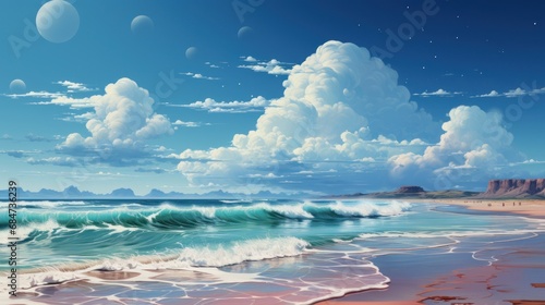 A serene beach landscape with a minimal color palette. AI generate illustration