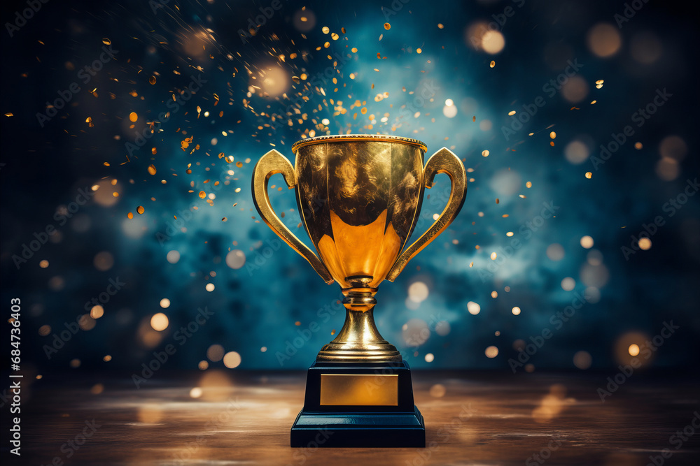 Gold winner cup trophy on dark background under spotlights with abstract shiny gold and blue lights - obrazy, fototapety, plakaty 