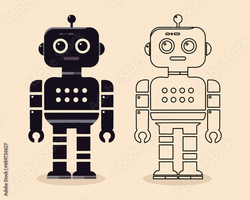 black 2d silhouette flat robot standing still outline vector illustration set icon simple element editable concept abstract doodle character for animation project cartoon robo metal man drawing shape