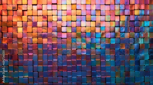 A mosaic wall made of colorful glass tiles, reflecting light beautifully.