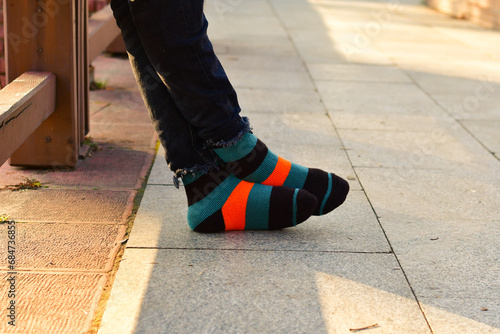 Men's feet in winter warm socks outdoor
