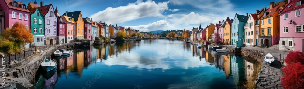 Large panoramic image of a colorful place with buildings, river and reflection in the water.