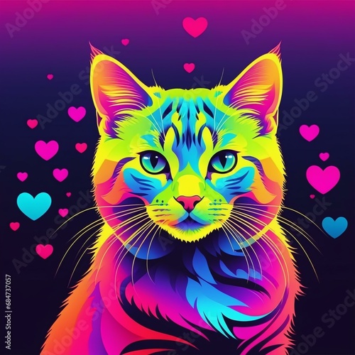 Adorable Bright Colored Cat Portrait with Hearts