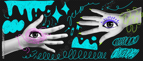 Two hands with an eye on them. Isolated collage element on transparent black background. Psychedelic pop art style with bright acid blue doodles . Vector trendy vector illustration in halftone effect.