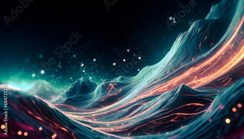 Abstract landscape of mountain or wave orange blue and green light glowing with dark sky in concept sci-fi, fantasy, science, space.