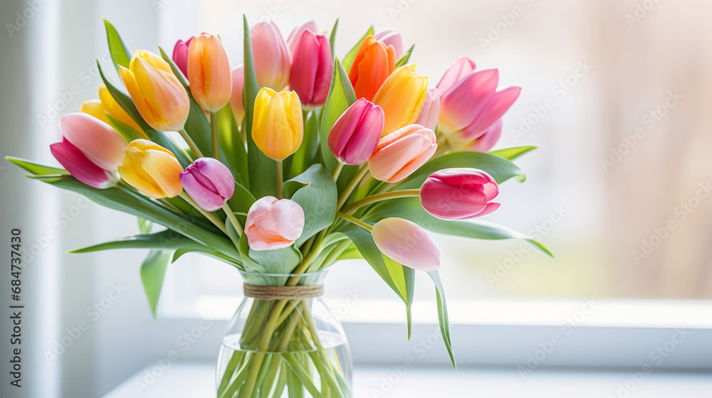 Colorful bouquet with tulip flowers in glass vase for Valentine's Day