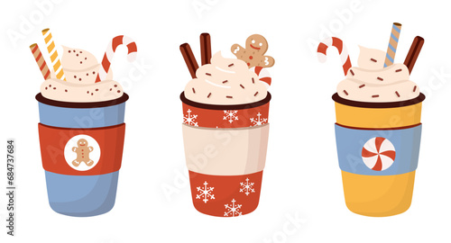 Christmas winter hot drinks set. Beverage take away illustration in flat cartoon style. Coffee, cocoa tea with cream, cinnamon, candy cane, gingerbread cookies.