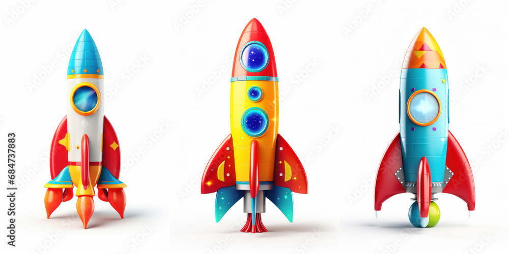 Set of colorful rockets toys on white background Set of colorful rockets toys on white background