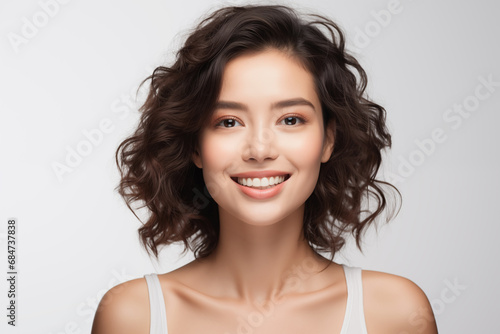Beautiful young woman portrait  Smiling cute girl studio shot  isolated on gray background. People  beauty  cosmetics concept