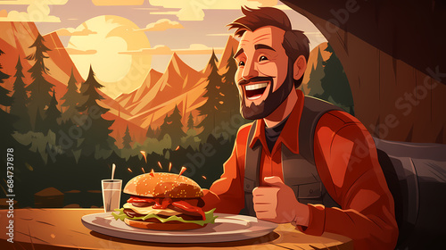Man is eating fast food bur...
