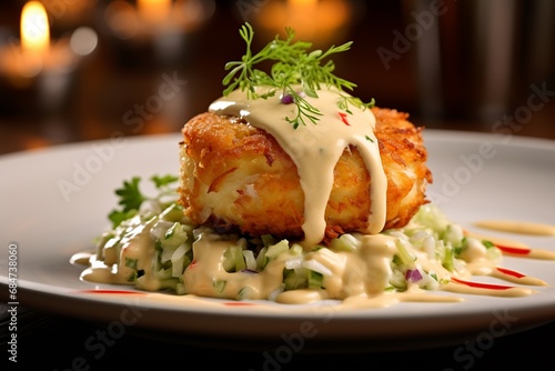 Crab Cake Delight: A professional food photo showcasing golden-brown crab cakes, bursting with lump crab meat, served alongside remoulade sauce in a picturesque coastal dining setting photo