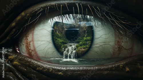 dentro dos olhos vista natural de cachoeira , conceito de amor a natureza e ao planeta  photo