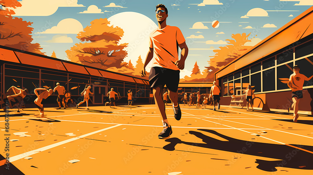Man doing exercises training at gym. Sporty people working out. Sport, workout, run and fitness. Cartoon illustration - obrazy, fototapety, plakaty 