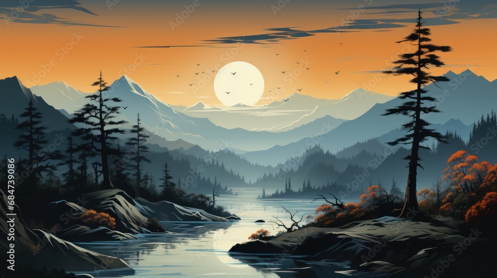 A serene lake surrounded by minimalist forested hills. AI generate illustration