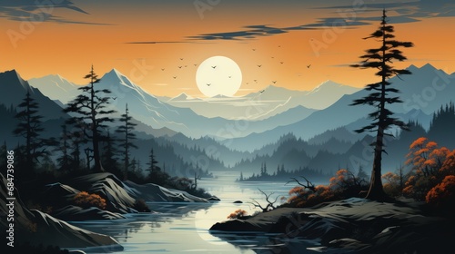 A serene lake surrounded by minimalist forested hills. AI generate illustration © PandaStockArt