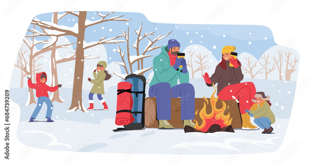 Family In A Winter Camp, Parents Huddle Around A Crackling Fire, Children Playing At Frosty Air. Snow-laden Trees
