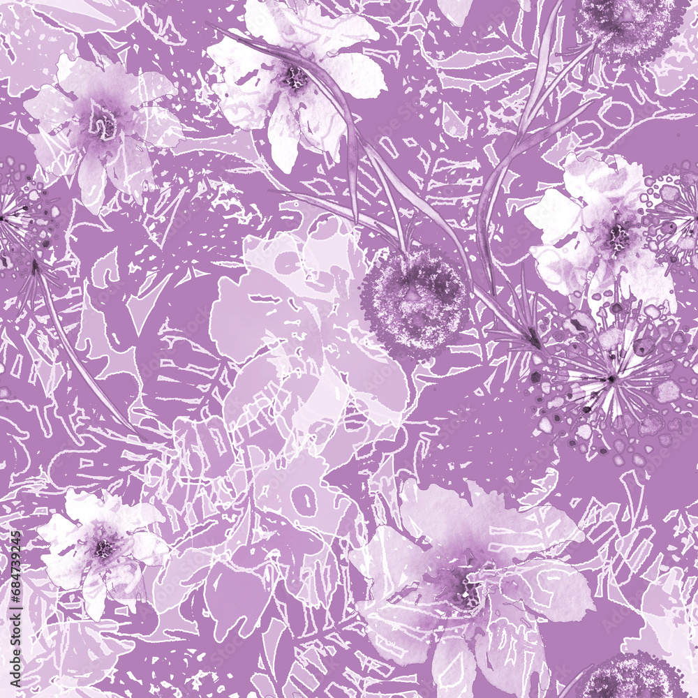Watercolor seamless pattern, background with a floral pattern. aster, poppy, cornflower,pansies, viola, field or garden flowers
Watercolor Vintage seamless pattern with drawing  poppy flowers.Tropical