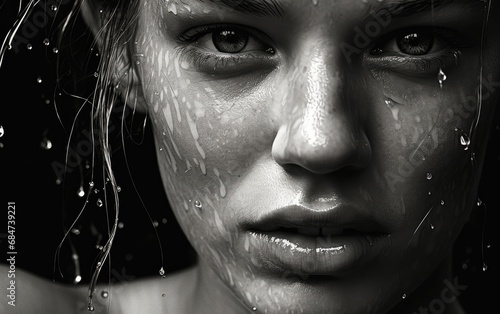 Black and white photo of a beautiful woman's face with water drops