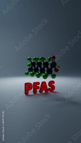 PFAS Per- and poly-fluoroalkyl substances - 3D molecule conformer. Vertical 3D animation
The camera moves from left to right. photo