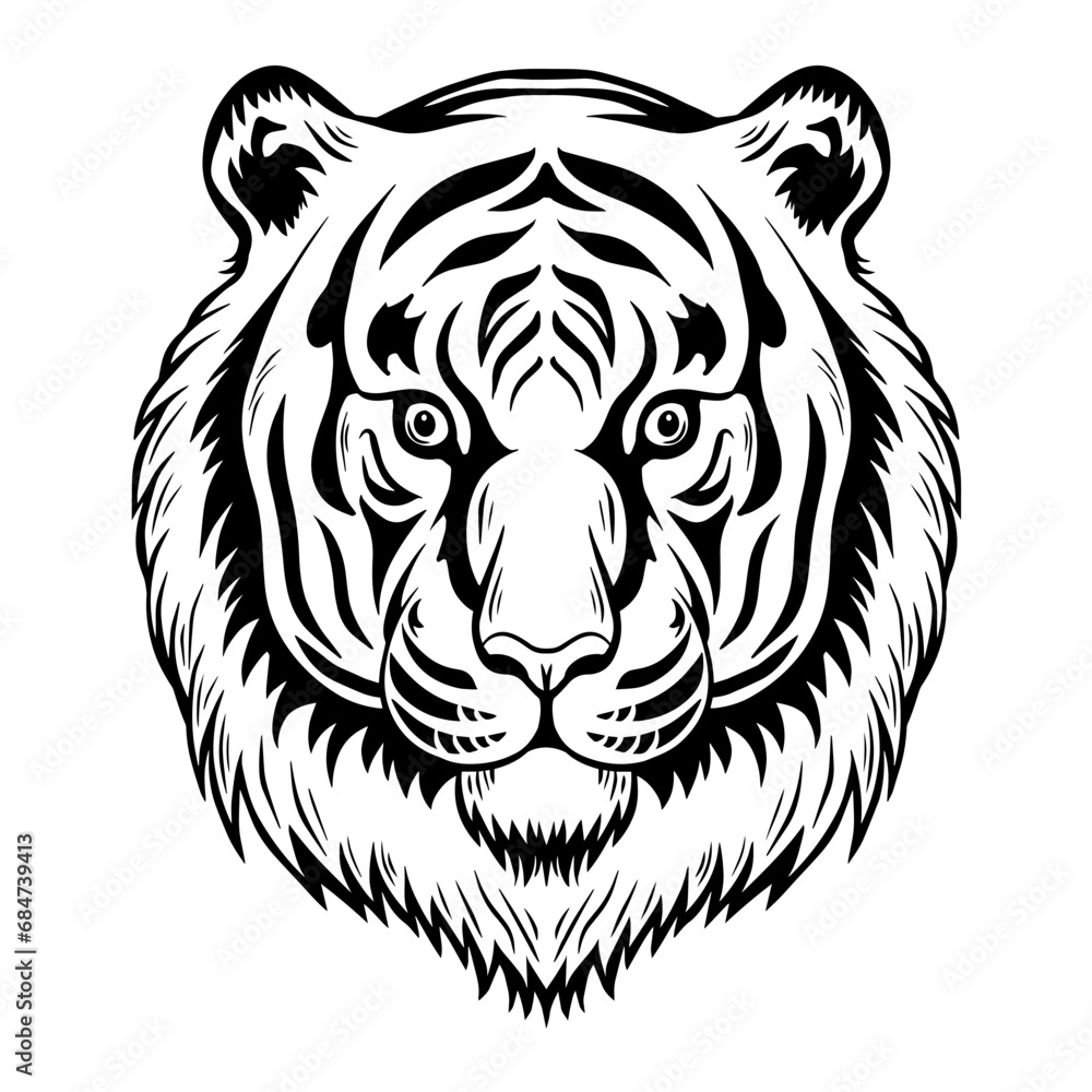 Tiger head on a white background. Predatory striped cat beast. Wildlife animal. Vector art illustration hand drawn. Black and white logo Tiger head on a white background. Predatory striped cat beast. Wildlife animal. Vector art illustration hand drawn. Black and white logo