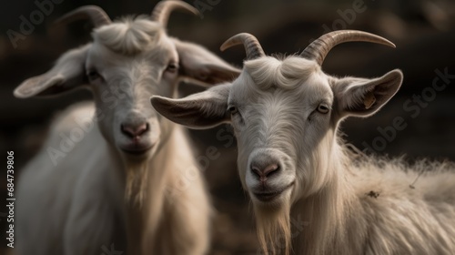 Portrait of a white goat with long horns on a farm. Village. Farm Animal Concept.