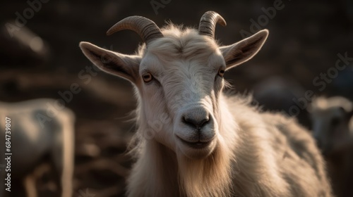 Portrait of a white goat on a background of other goats. Village. Farm Animal Concept.