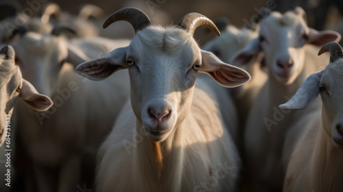 Close up of white goat with long horns in a herd of sheep. Village. Farm Animal Concept.