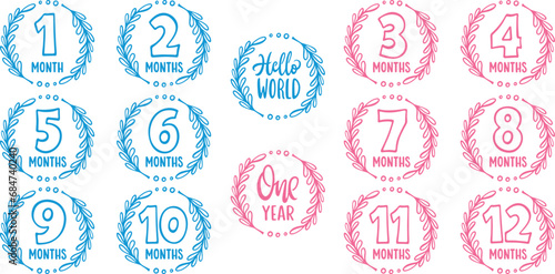 Baby age milestone patches collection. Newborn clothes print design. Hand drawn vector illustration.