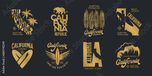 California related t-shirt vintage style graphics set. Labels, badges, emblems and design elements collection. Vector illustration.