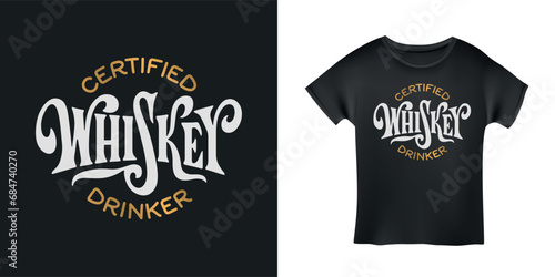 Certified Whiskey drinker hand drawn calligraphy. Creative design element for t-shirt prints, mugs, stickers. Vector vintage lettering illustration.
